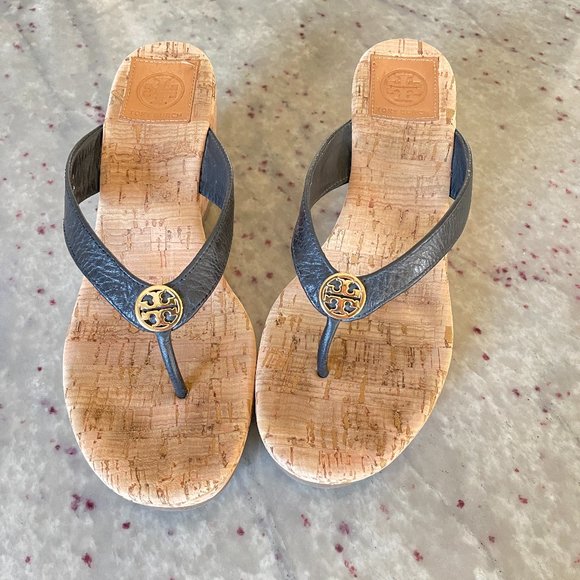 Tory Burch “Suzi” Platform Cork Wedge Thong Sandals Black Leather